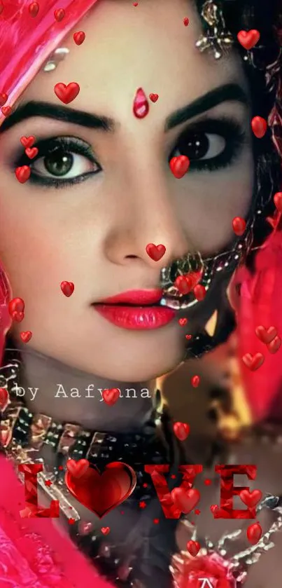 Elegant woman with red-themed love design wallpaper.