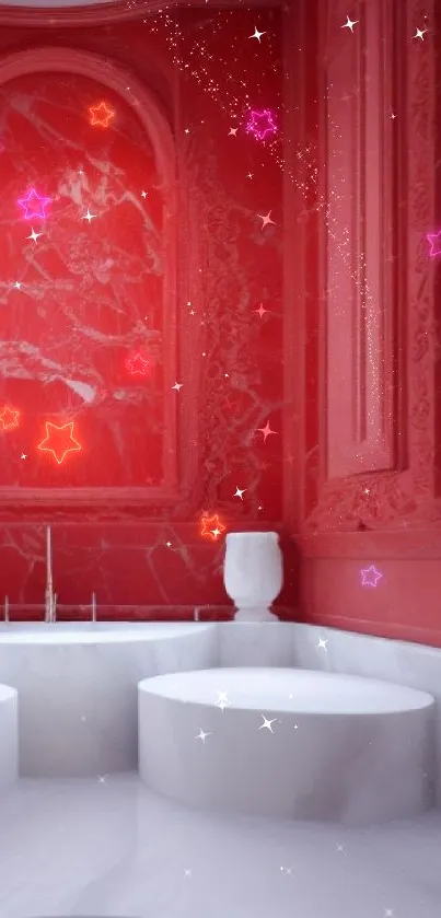 Luxurious bathroom with red marble walls and elegant design.