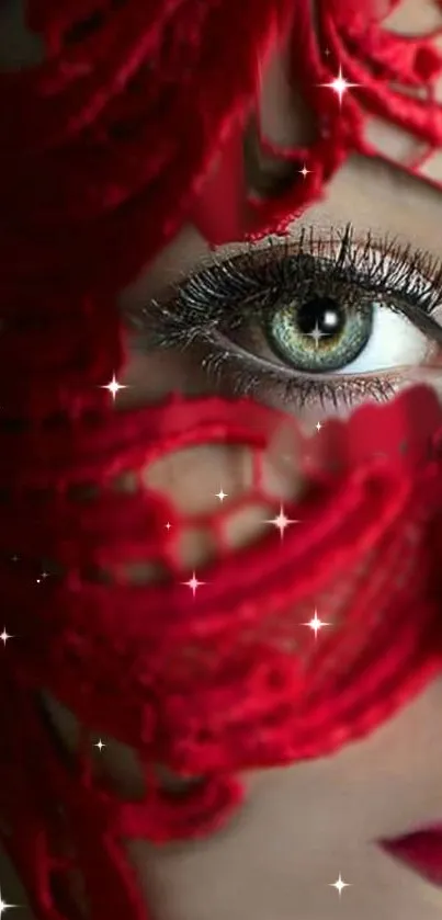 Close-up of eye with red lace mask and stars.