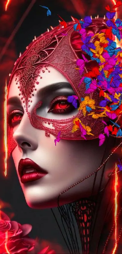 Red-masked woman's elegant portrait wallpaper.