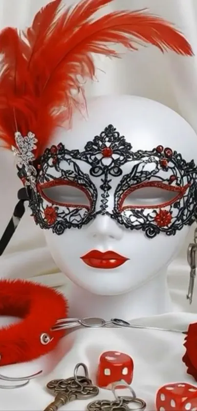 Elegant red and black masquerade mask with feathers and dice.