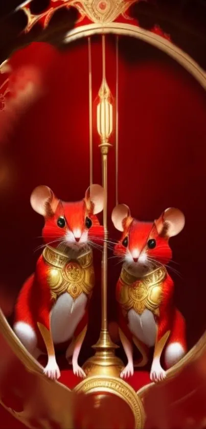 Red artistic mice with golden accessories design.