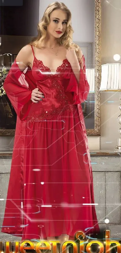 Elegant red nightwear on a dresser with a mirror.