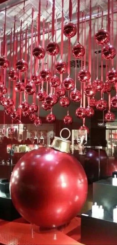 Vibrant display of red Christmas ornaments