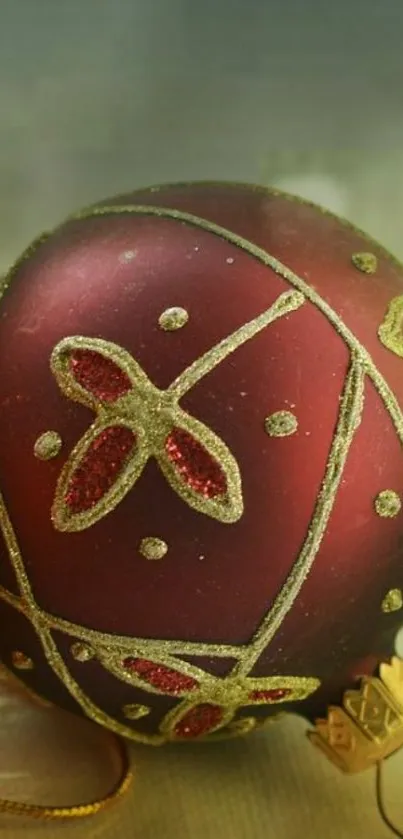 Red Christmas ornament with golden design.