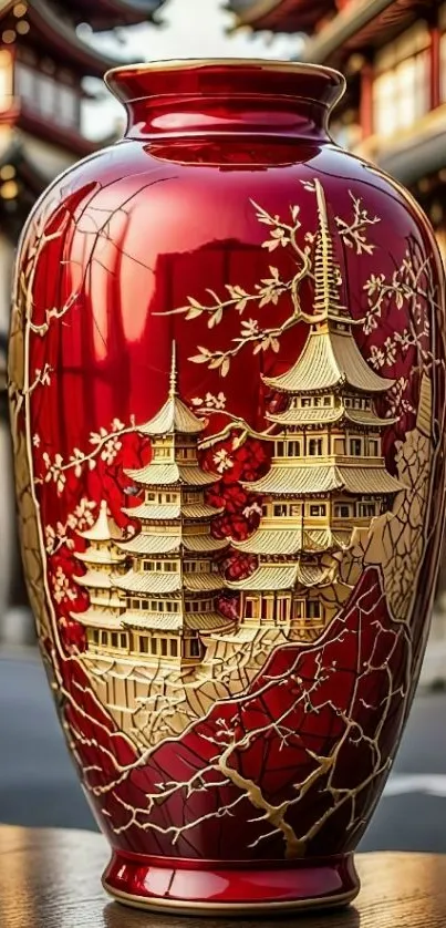 Red ornate vase with golden design near traditional architecture.