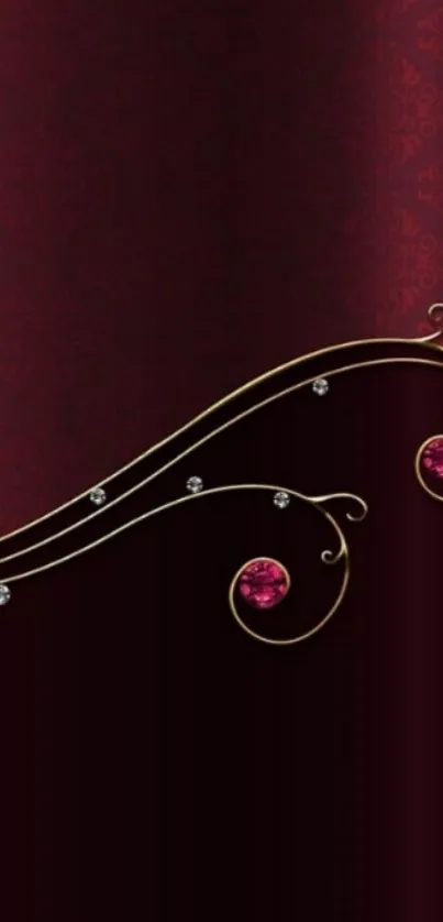 Elegant ornate red wallpaper with golden swirls.