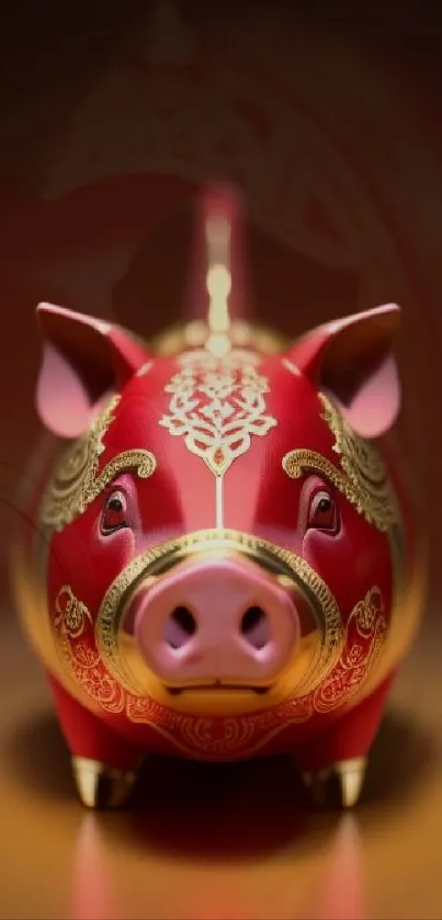 Red piggy bank with golden patterns on a gradient background.