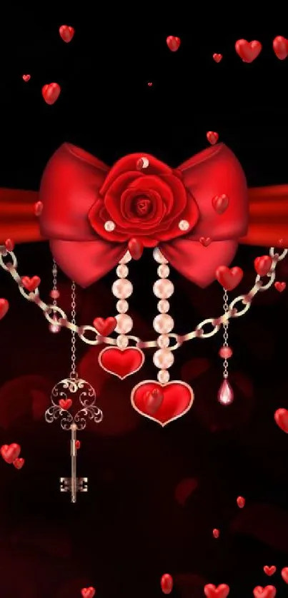 Elegant red ribbon wallpaper with pearls and hearts.