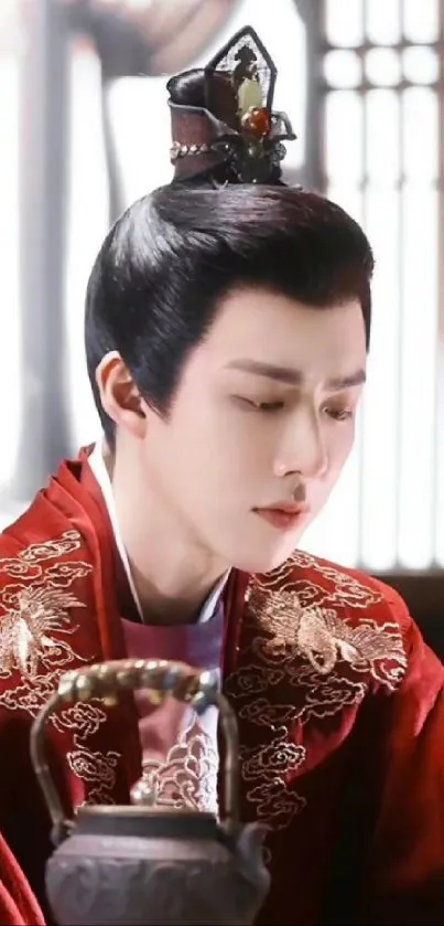 Elegant portrait in a red robe with traditional Chinese elements.