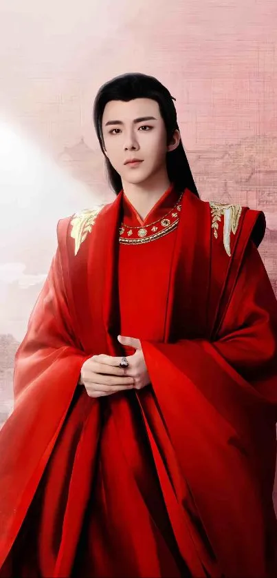 Person in elegant red robe on serene wallpaper.