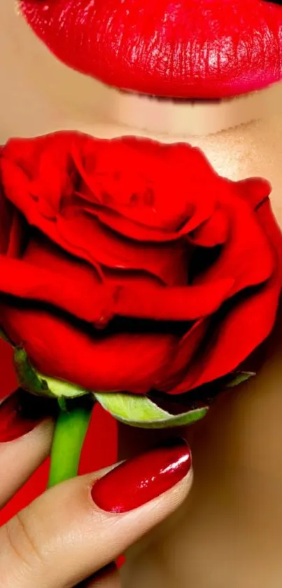 Close-up of red rose and lips as a vibrant mobile wallpaper.