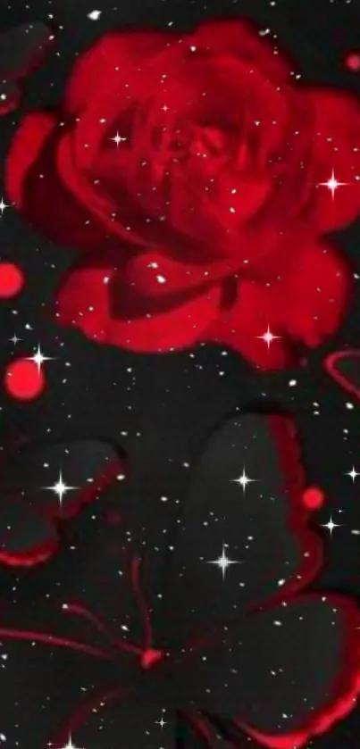 Red rose with butterflies on a starry black background.