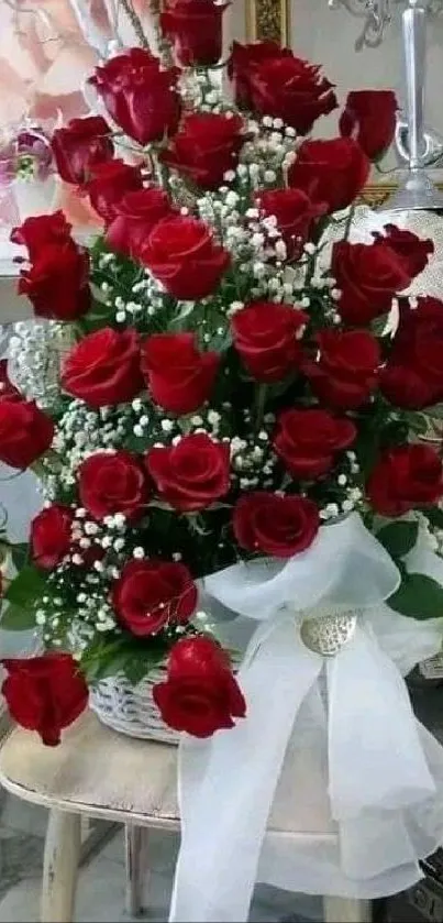 Elegant arrangement of red roses with white baby's breath.