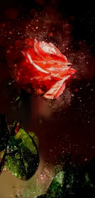 Artistic red rose with green leaves on dark background.