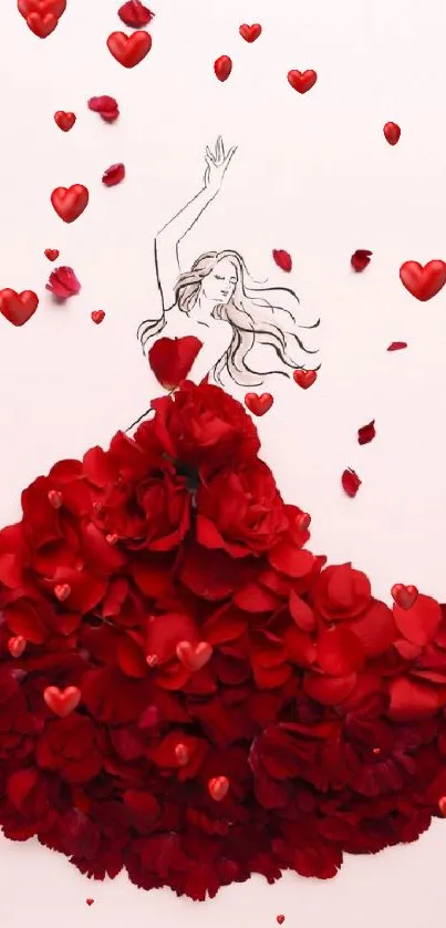 Illustration of a figure in a dress made of red rose petals on a pale background.