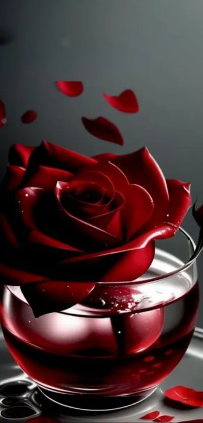 Red rose in a glass vase on a reflective surface with petals.