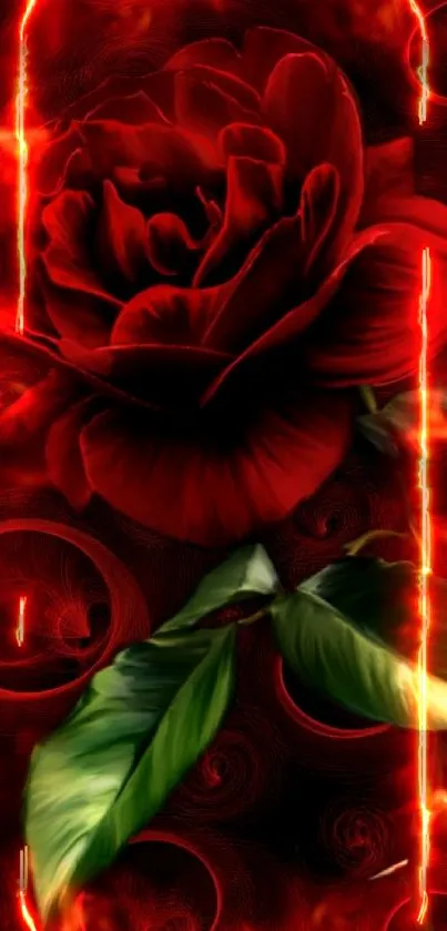 Artistic red rose with green leaves on a black background.