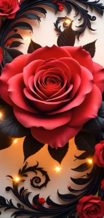 Elegant red rose with intricate floral design on a mobile wallpaper.
