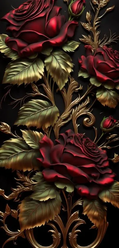 Luxurious red rose design with gold accents on a dark mobile wallpaper.