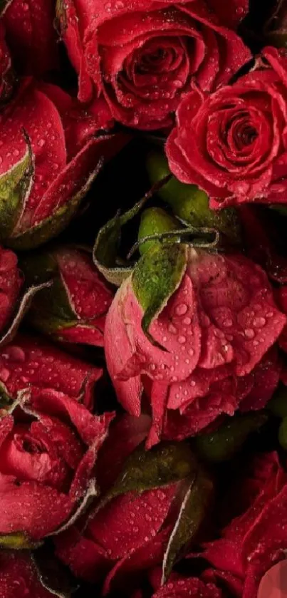 Red roses with dew drops mobile wallpaper.