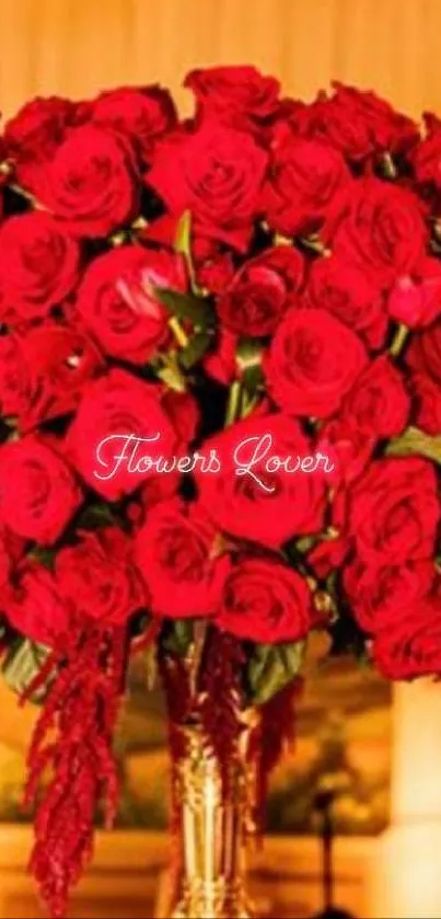 Elegant bouquet of vibrant red roses with warm background.