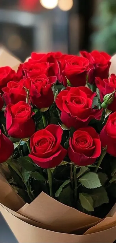 A bouquet of vibrant red roses wrapped elegantly.