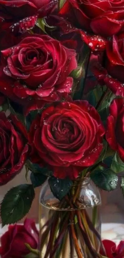 A bouquet of elegant red roses in a clear vase.