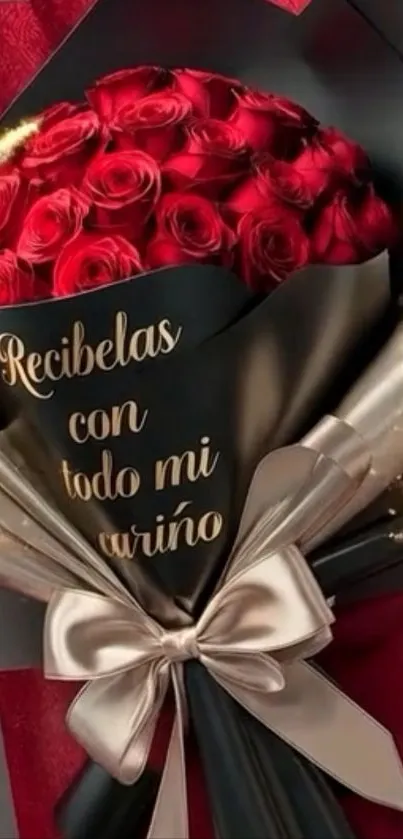 Elegant bouquet of red roses with black wrap and golden ribbon.
