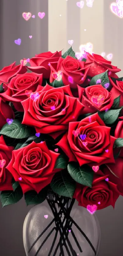 Vibrant bouquet of red roses in a glass vase on a subtle background.