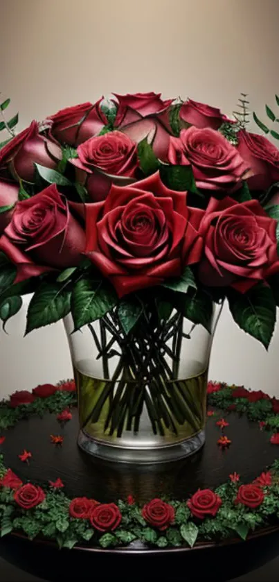 Elegant bouquet of red roses in a vase against a muted background.