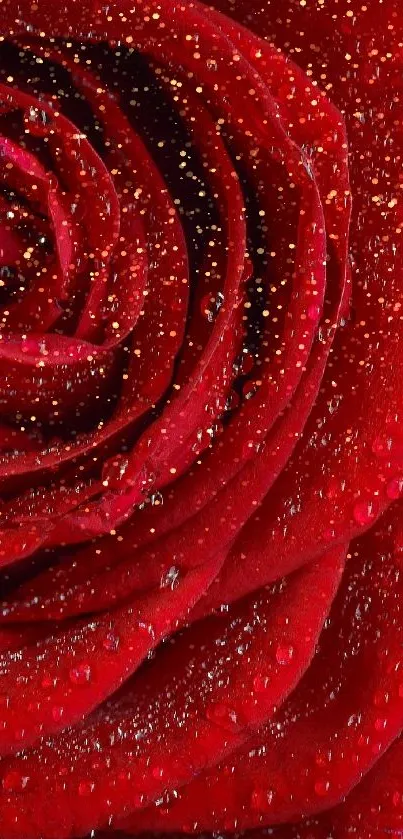 Close-up of a red rose with dewdrops on petals, creating a serene nature background.