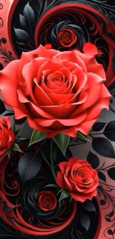 Elegant wallpaper featuring red roses with black accents.