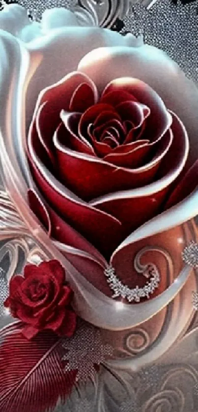 Elegant red rose design with intricate floral details.