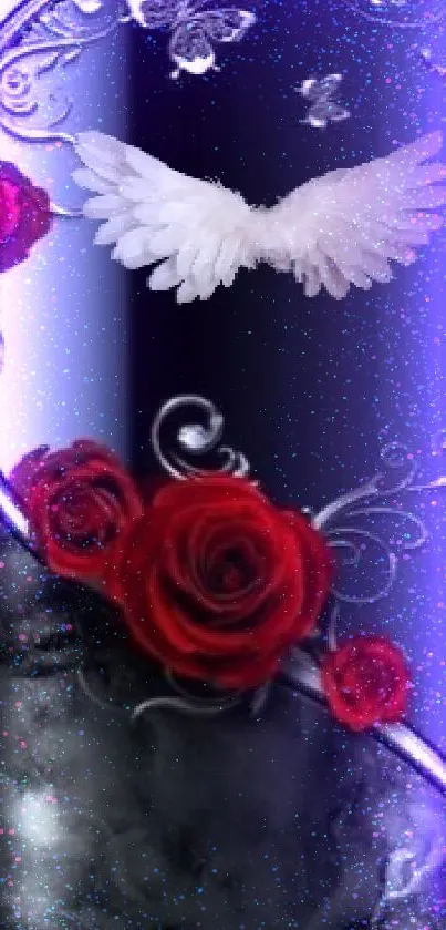 Mobile wallpaper with red roses, silver swirls, and white wings on black background.