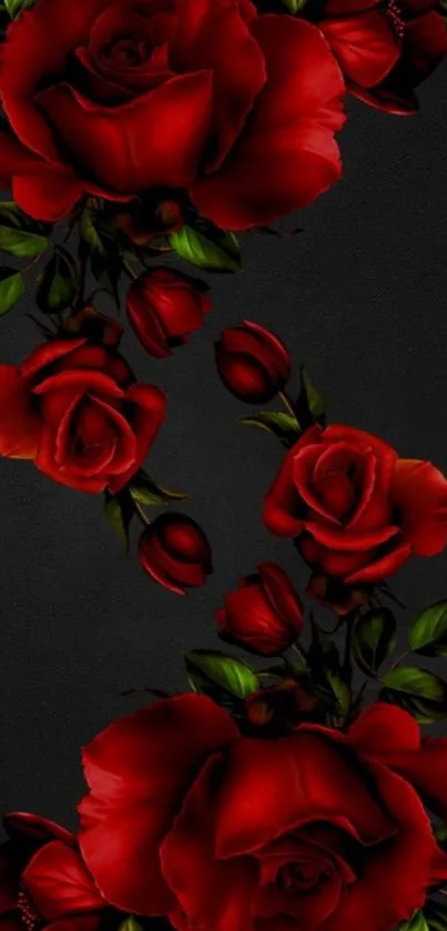 Elegant mobile wallpaper with red roses on a black background.