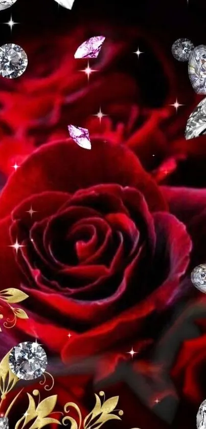 Elegant red rose with diamonds wallpaper.