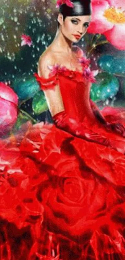 Elegant woman in red gown amidst vibrant roses.