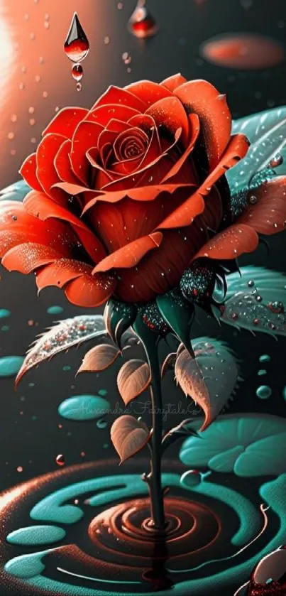 Elegant red rose fantasy wallpaper with water droplets.