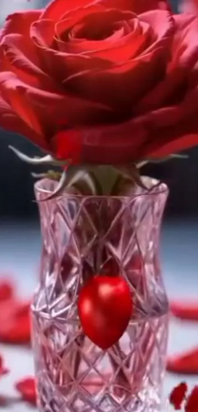 Red rose in a crystal vase wallpaper.