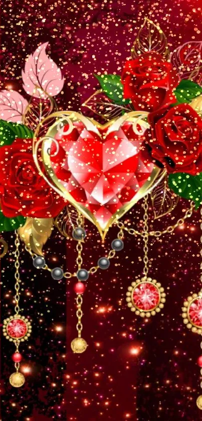 Red heart and roses with gold chains wallpaper.