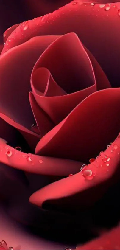 Close-up of a red rose with water droplets as a phone wallpaper.