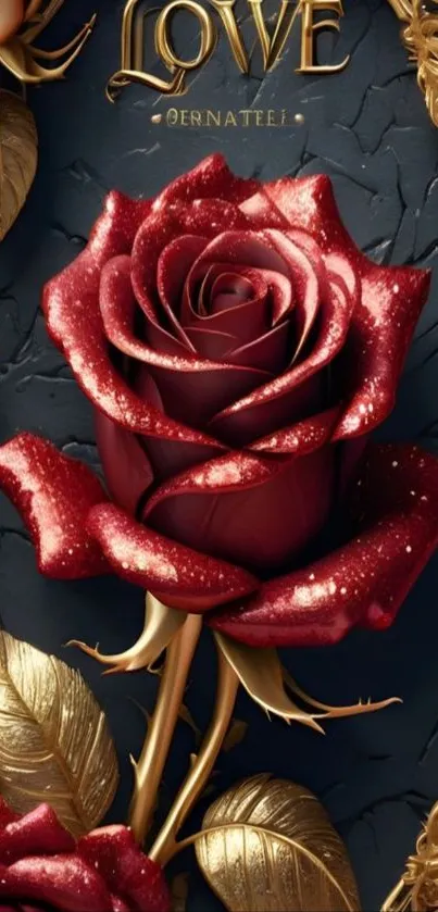 Luxurious red rose with golden accents wallpaper.