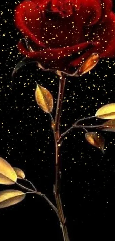 Red rose with golden leaves on black background.