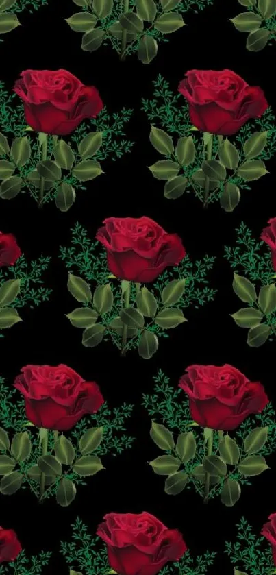 Mobile wallpaper with red roses and green leaves on a black background.