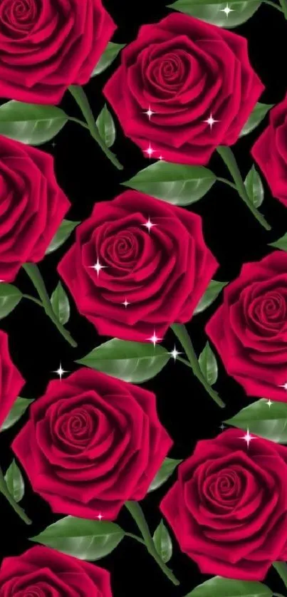 Elegant red rose pattern on black background wallpaper.