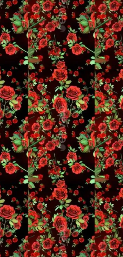 Elegant red rose floral pattern on dark background.