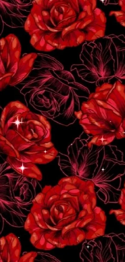 Vibrant red roses pattern on dark background wallpaper.