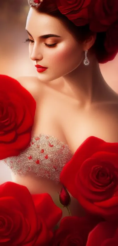 Elegant portrait surrounded by red roses.