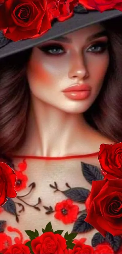 Elegant woman with red roses and floral design.